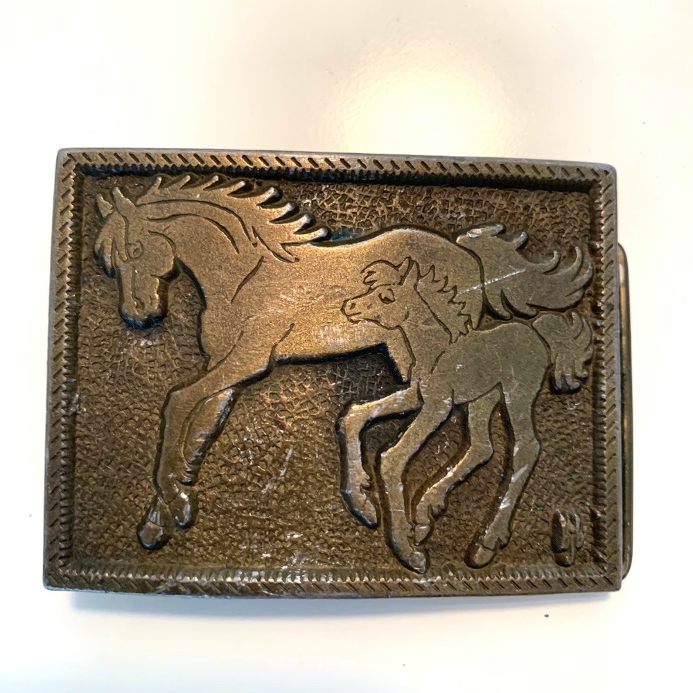 Vintage Brass Belt Buckle CDC METALWORKS Colorado 1974 Signed BJB Horse Foal